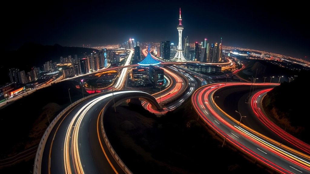 광각 렌즈로 촬영하여 도로의 궤적이 역동적으로 표현된 도시의 야경