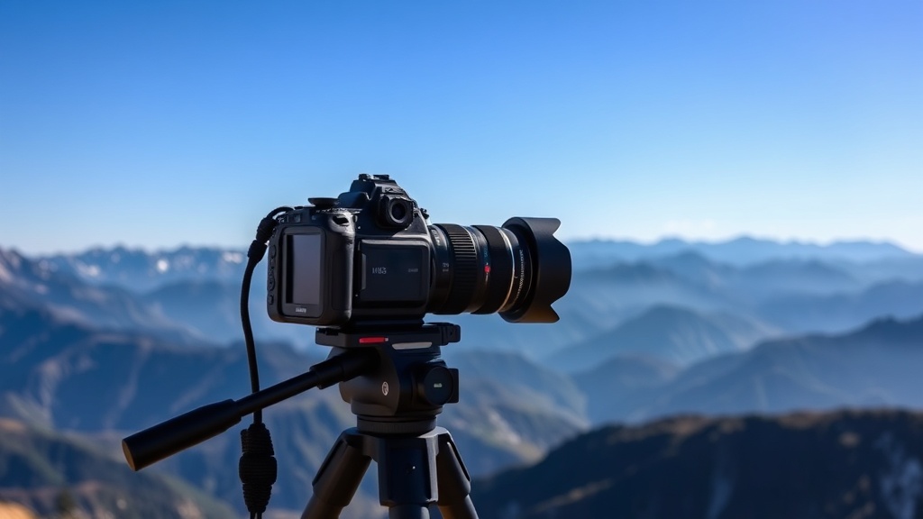 탁 트인 산맥을 배경으로 삼각대에 거치된 카메라가 넓은 풍경을 촬영할 준비를 하고 있는 모습