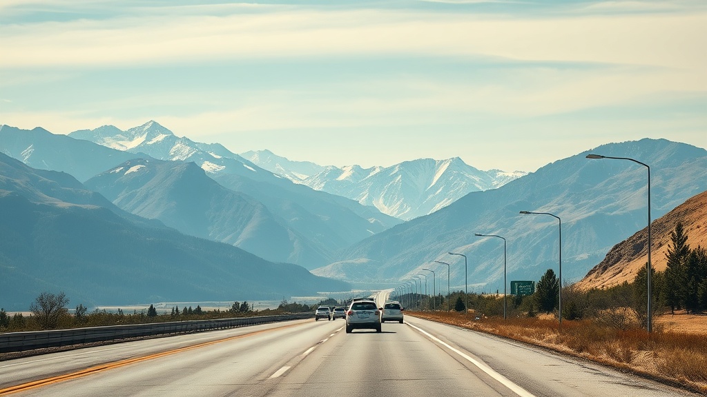 망원 렌즈를 사용하여 멀리 있는 산과 도로 위의 자동차가 마치 바로 옆에 있는 것처럼 겹쳐 보이는 압축 효과가 적용된 풍경