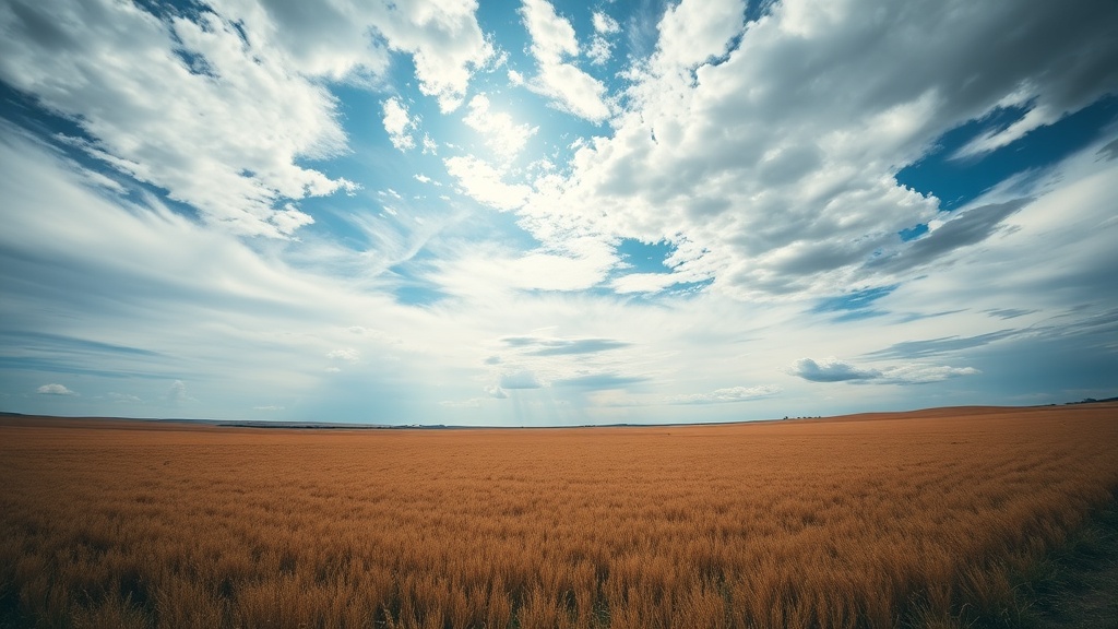 광각 렌즈로 촬영되어 시원한 원근감을 보여주는 넓은 들판과 하늘 풍경